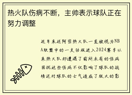 热火队伤病不断，主帅表示球队正在努力调整