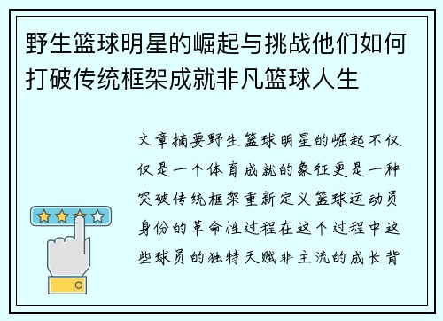 野生篮球明星的崛起与挑战他们如何打破传统框架成就非凡篮球人生